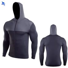 Новинка, Рашгард, с капюшоном, спортивные толстовки, мужские, с длинным рукавом, на молнии, для бега, с капюшоном, толстовка, эластичная, для фитнеса, спортзала, майки, топы