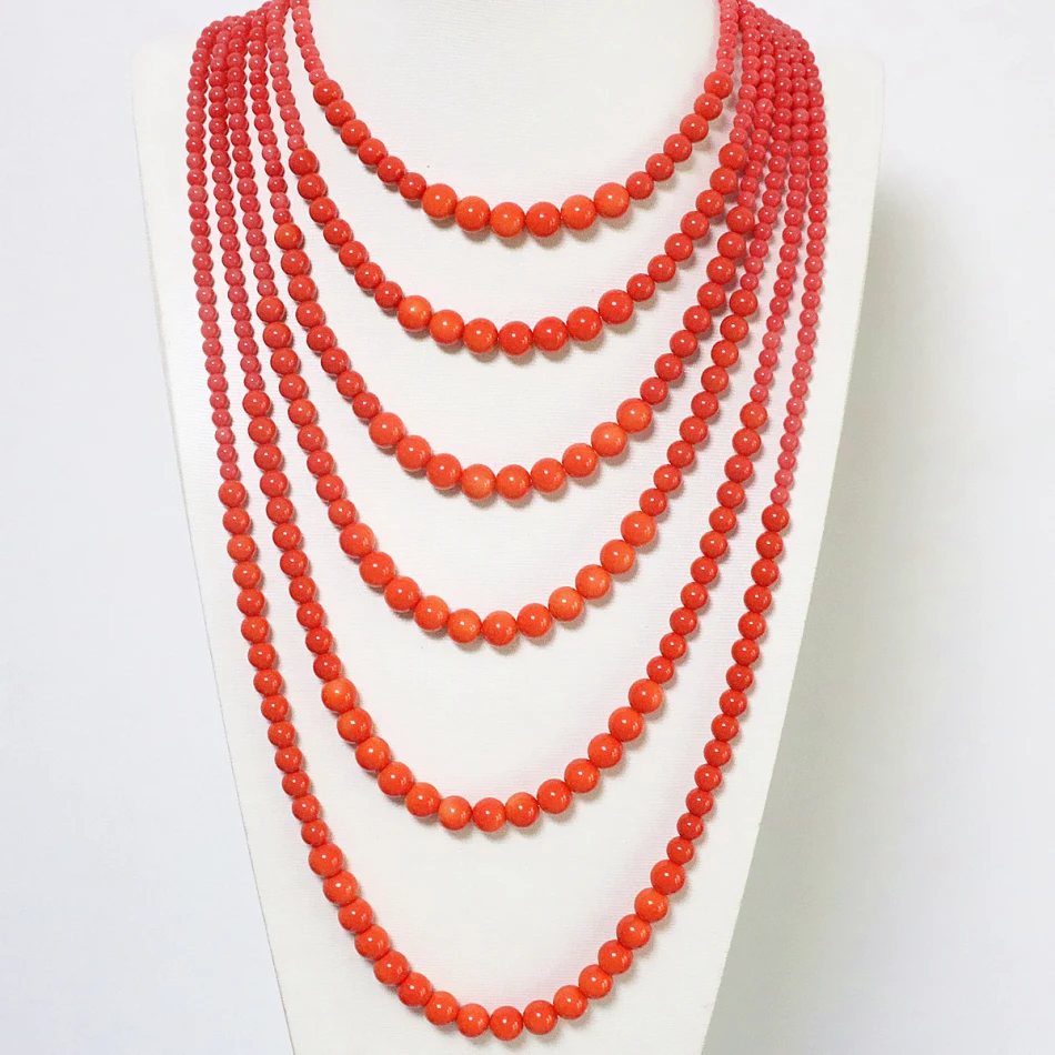 Free shipping 6 rows orange imitation coral round beads neckalce for women new fashion elegant weddings gift jewelry B1910