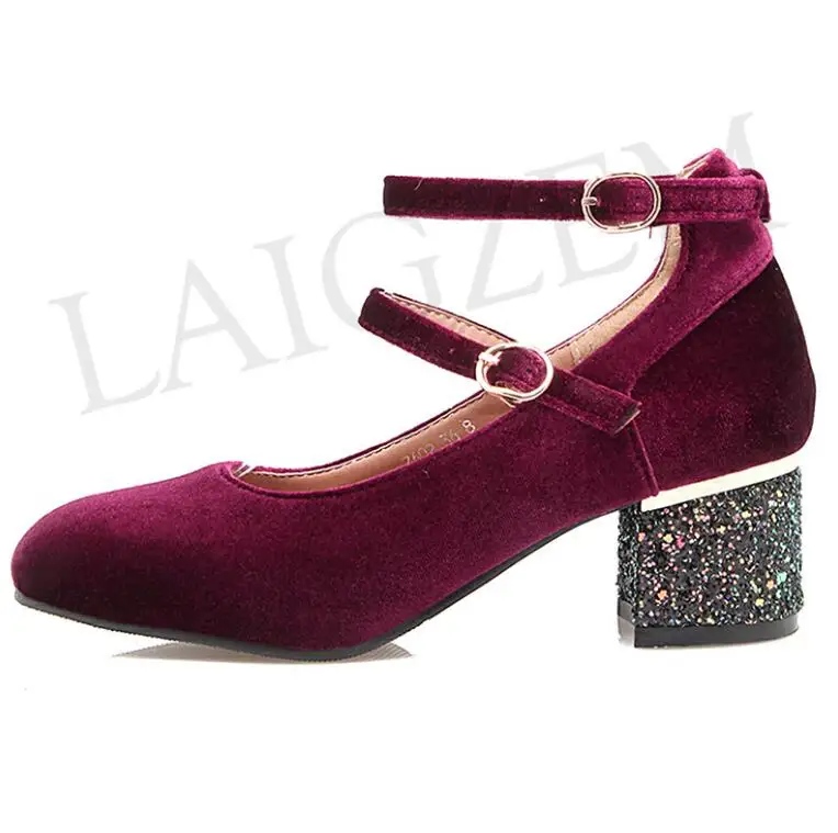 LAIGZEM/Изящные женские туфли-лодочки Мэри Джейн на массивном каблуке, расшитые блестками вечерние туфли из искусственного бархата Женская обувь, большие и маленькие размеры 33-46 - Цвет: LGZ143 Wine Red