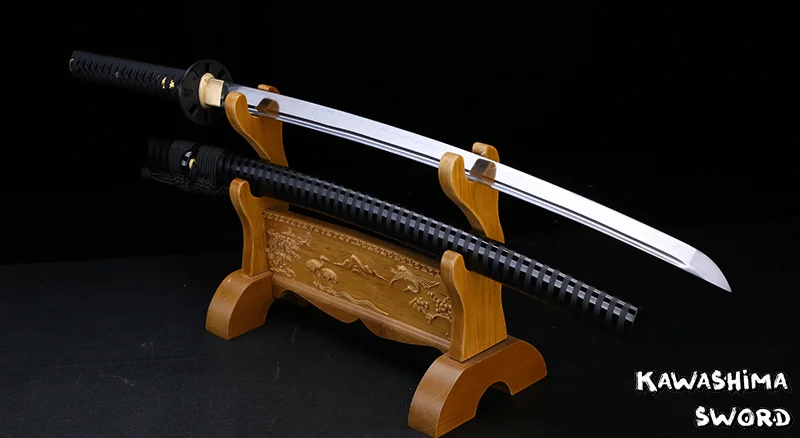 Genuine Kwashima Sword Brand Handmade Japanese Katana T10 Steel Sharp For Battle Wood Sheath Black Painted With Ring Shape