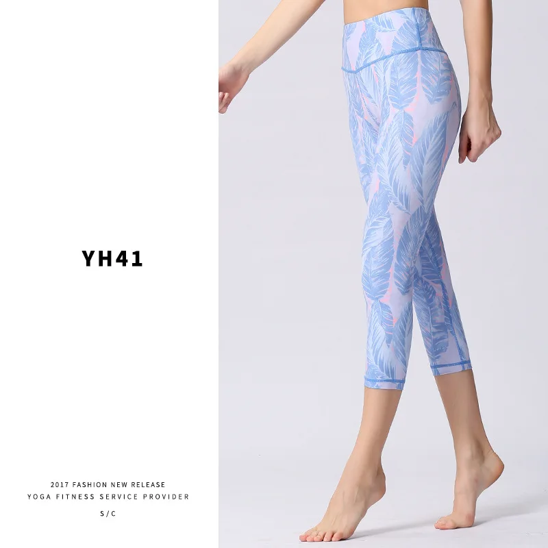 Женские Стрейчевые штаны для йоги с принтом, леггинсы для фитнеса, спортивные Леггинсы с высокой талией, женские укороченные штаны для йоги и бега, штаны для тренировок - Цвет: YH41