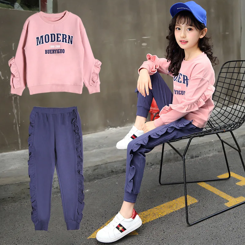 

Girls 'Sports Set 2018 new children's head Lotus leaf side Korean version leisure two-piece set factory explosion