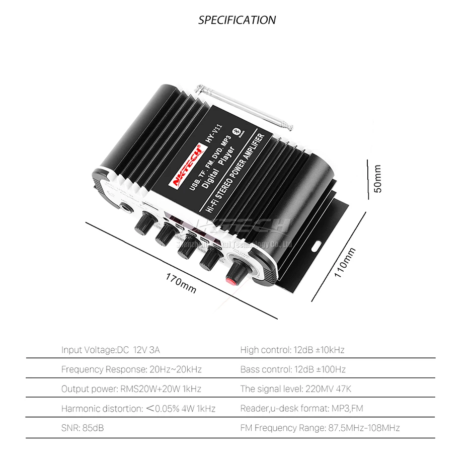 NKTECH HY-V11 Автомобильный цифровой аудио плеер Bluetooth усилитель мощности 2CH x 20 Вт Hi-Fi стерео бас-усилитель с микрофоном караоке реверберация