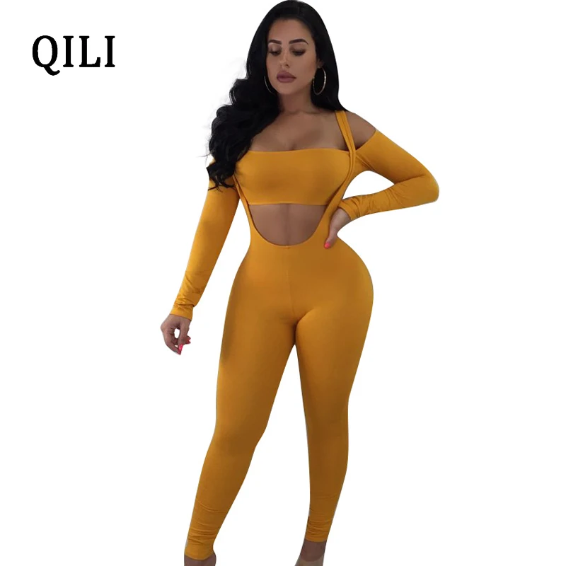 

QILI Women Solid Jumpsuits Off Shoulder Long Sleeve Two Piece Set Skinny Strap Long Pants Jumpsuits Sexy Club 2 Piece Jumpsuits