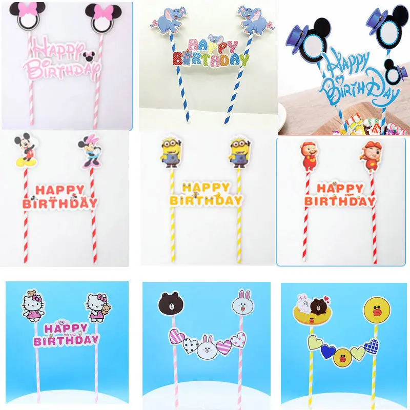 

1 set Mickey Minnie Mouse Cupcake Cake Topper Cartoon Dot Cake Flags With Paper Straws Kids Birthday Party Baking Accessories