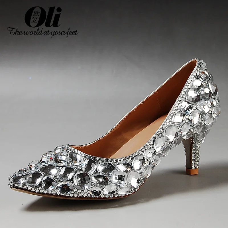 Gem rhinestone pointed toe single shoes female low heeled wedding shoes