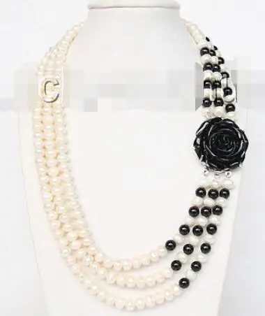 

17"-20" 8mm 3row round white freshwater pearls black agate necklace j9326