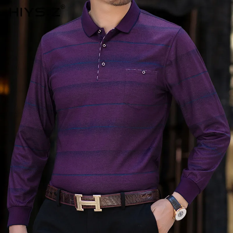 

HIYSIZ Long Sleeves T-Shirt Men 2019 New Arrival Fashion Trend Casual Streetwear Striped Autumn Soft Turn-down Collar Tees LT027