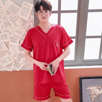 

V-neck Pajamas Set Sleepwear Print Letter 2pcs Short Sleeve Shirt&shorts Men Nightwear Home Clothes Lounge Intimate Lingerie
