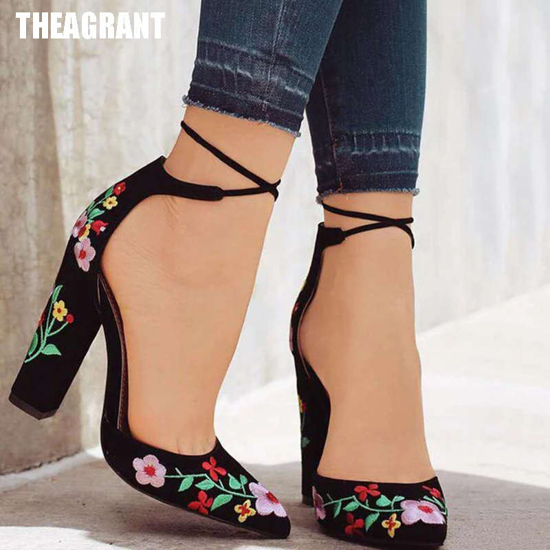 

THEAGRANT 2018 Vintage Women Sandals Embroidery Pointed Toe Lace-Up Pump Summer Ethnic Wedding Party Lady High Heel Shoes WHH116