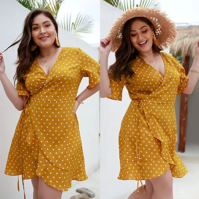 

KLV Women Ladies Plus Size Holiday Summer Vintage Polka Dots V Neck Spotted Short Sleeve Mini Short Dress Wrap Sundress