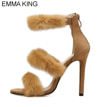 

EMMA KING 2018 Hot Sell Fashion Summer Fur Ankle Strap Gladiator Wedding Party Sexy Open Toe Fretwork Women High Heel Sandals