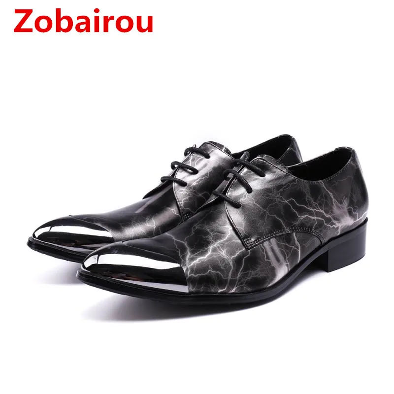 Zobairou Mens Patent Leather Black Shoes Luxury Iron Pointed Toe Dress