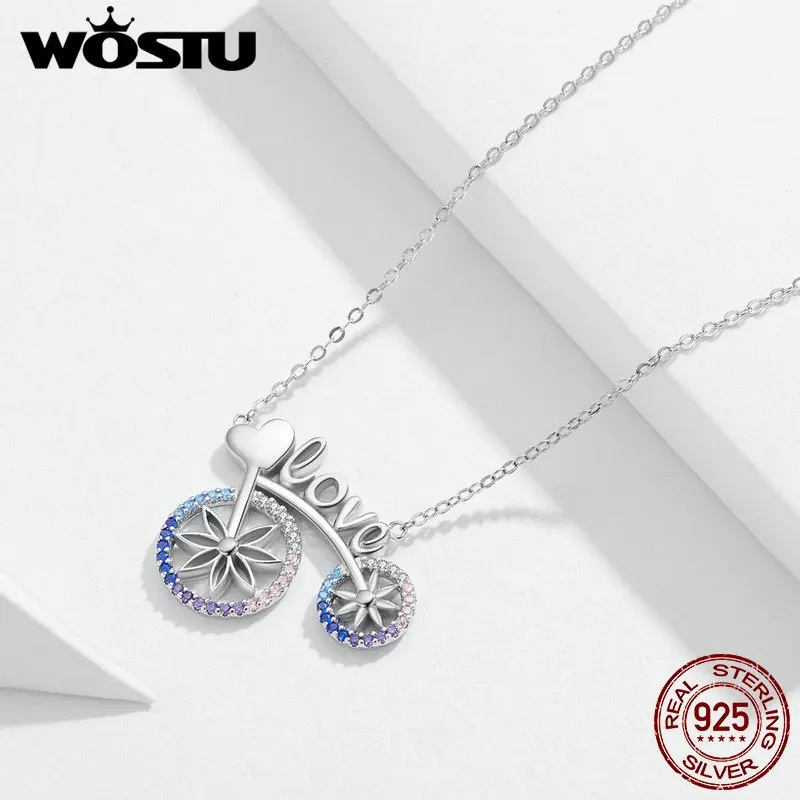 

WOSTU Colorful Bike Love Heart Necklaces 100% 925 Sterling Silver Zircon Pendant Long Chain For Women Rainbow Jewelry FIN336