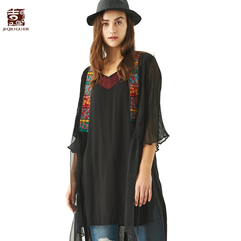 

Jiqiuguer Women Black Loose Summer Casual Open Stitch Three Quarter Patchwor Floral Pattern Asymmetric Plus Cardigans G182Y017 Z