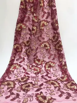 

Wine Red Gold 2019 Latest African Lace Fabric New Lace Fabric 3D Flower Lace Appliques sequins Lace Fabric For Dress