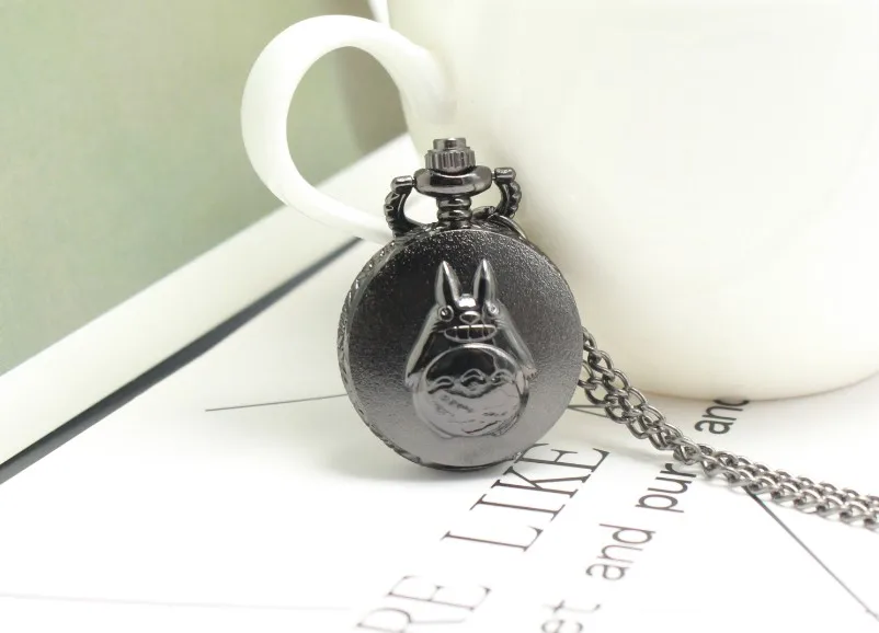 

Antique My Neighbor Totoro Quartz Pocket Watch Necklace Black Chain Pendant Christmas Gift Clock Watch