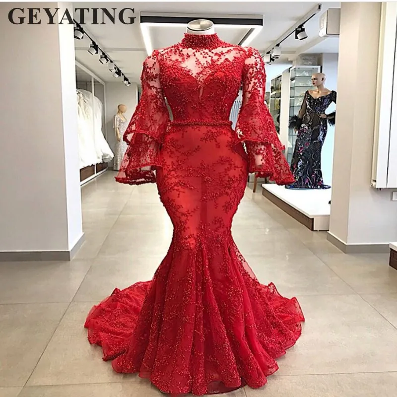2019 Elegant Muslim Evening Dresses Long Sleeves High Neck Bead Arabic Red Lace Mermaid Prom Dress Dubai Women Formal Party Gown 2019 Elegant Muslim Evening Dresses Long Sleeves High Neck Bead Arabic Red Lace Mermaid Prom Dress Dubai Women Formal Party Gown