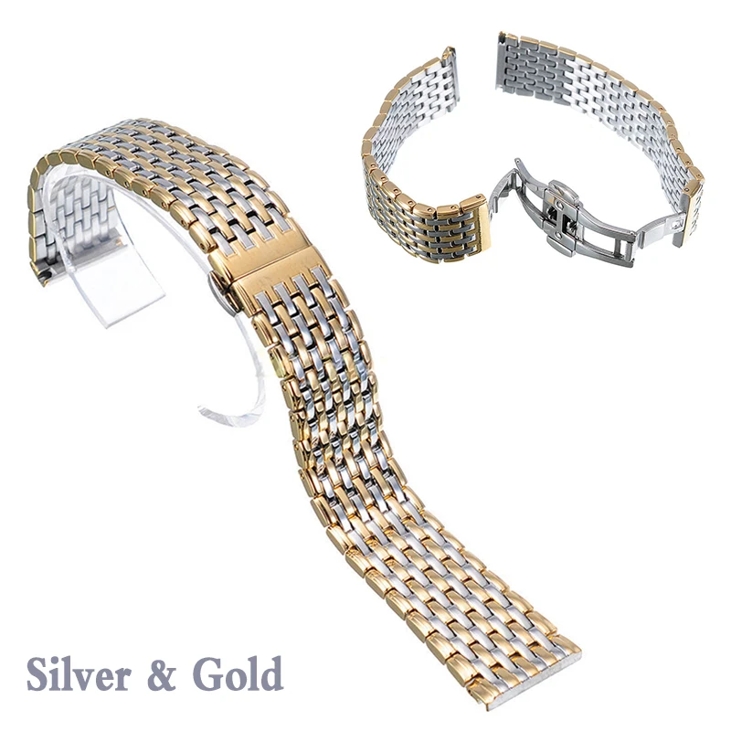 20 22mm Stainless Steel Wrist Watch Band Strap Silver Rose Gold Double Butterfly Clasp Buckle Bracelet For Men Women Relojes