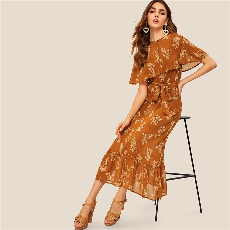 SHEIN модное летнее платье с цветочным принтом и оборками на пуговицах, коричневые женские платья с высокой талией и оборками