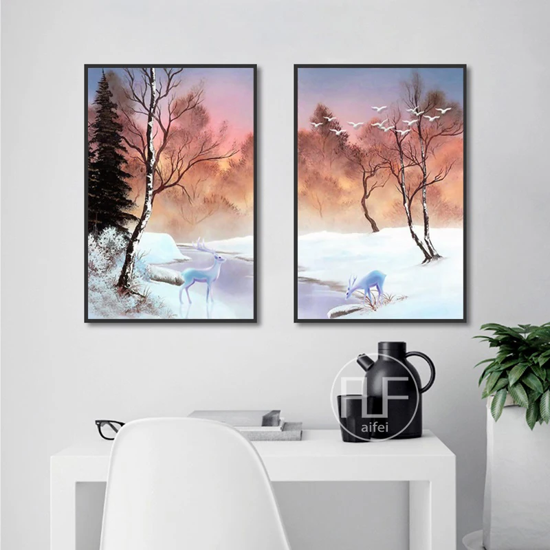 

Winter Forest Bird Deer Landscape Painting Nordic Decoration Home Art Canvas Poster Modular Wall Pictures For Living Room