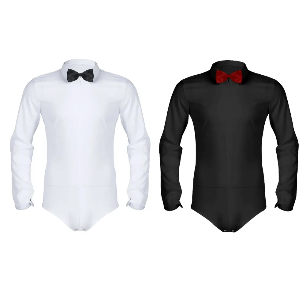 iEFiEL Mens Long Sleeve Zipper Solid Color Latin Modern Dance Shirt with Bowtie One-piece Romper Shirt Male White Tuxedo dress shirts