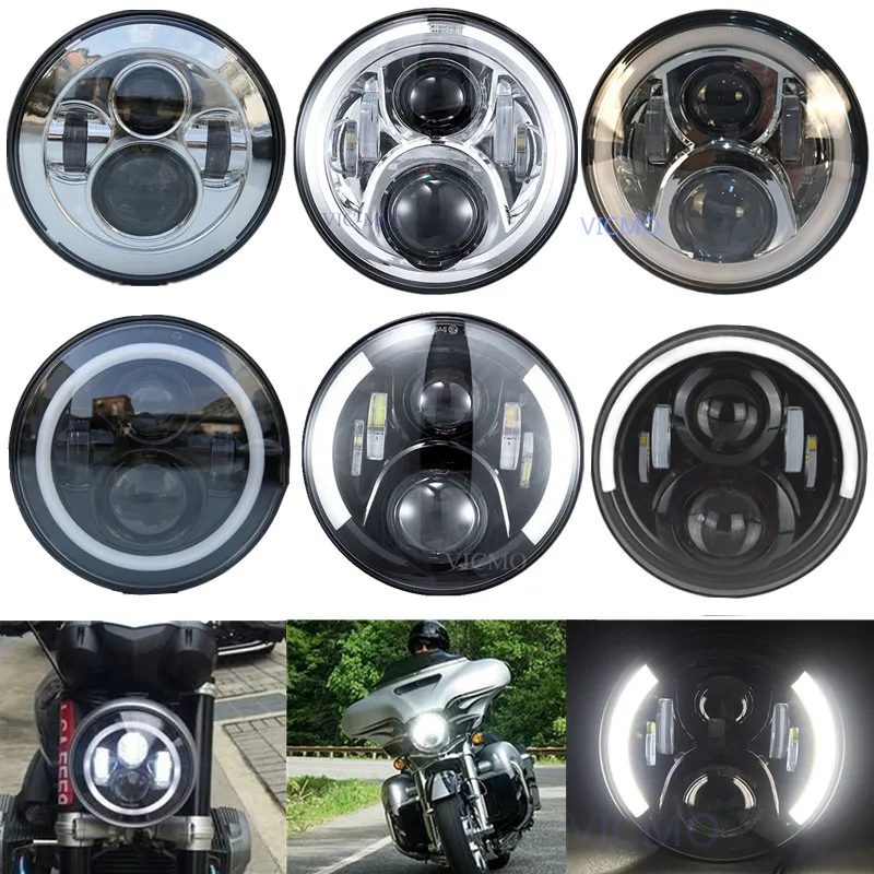 Черный/хром 7 &quotКруглый налобный фонарь с Halo Angel Eye DRL для Harley Softail Slim Fatboy Street Glide