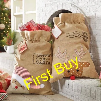 

100pcs/lot free shipping burlap Christmas Santa Sacks xmas santa gift bag 2 styles stock good quality tree ornament santa sack