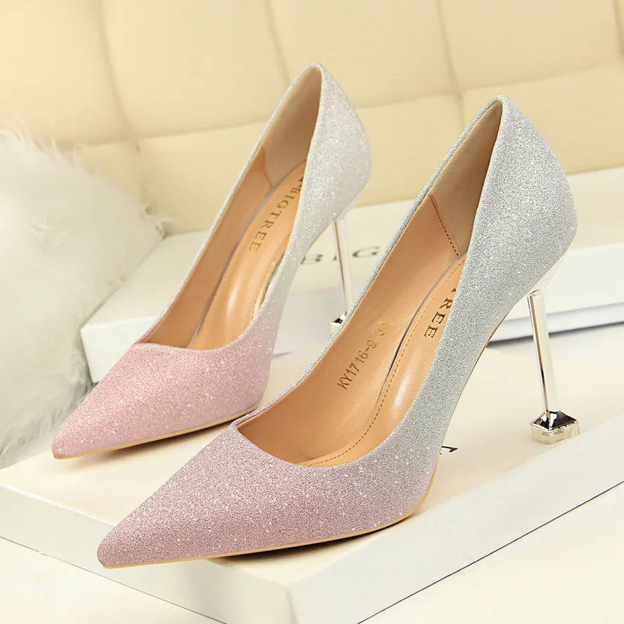 

Women Pumps Shoes Color Gradient PU Pointed Toe Slip-On 9.5cm Thin High Heels Shallow Wedding Party Lady Sexy Club Female Shoes
