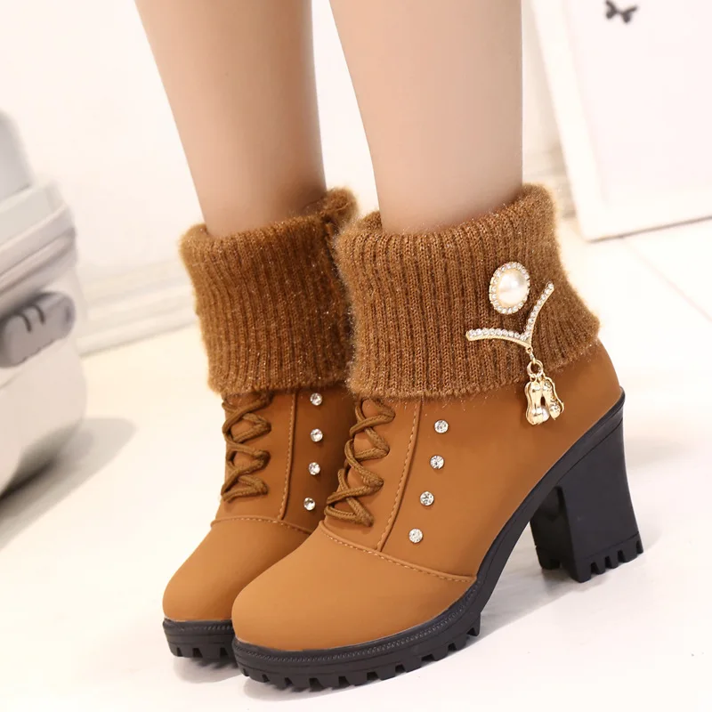 Botas cortas tacón alto para mujer, botines de nieve, calzado de moda, zapatos de tacón cálido, 2018 - AliExpress Calzado