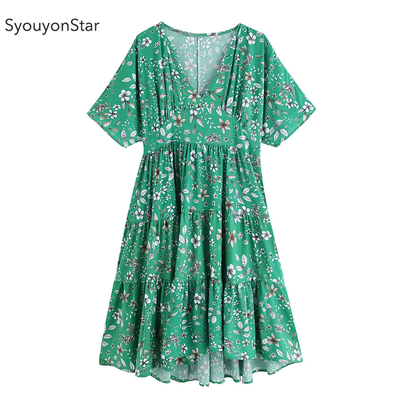 SyouyonStar зеленое покрытое платье для женщин 2019 V образным вырезом трапециевидной формы женские цветочные миди платья летние vestidos