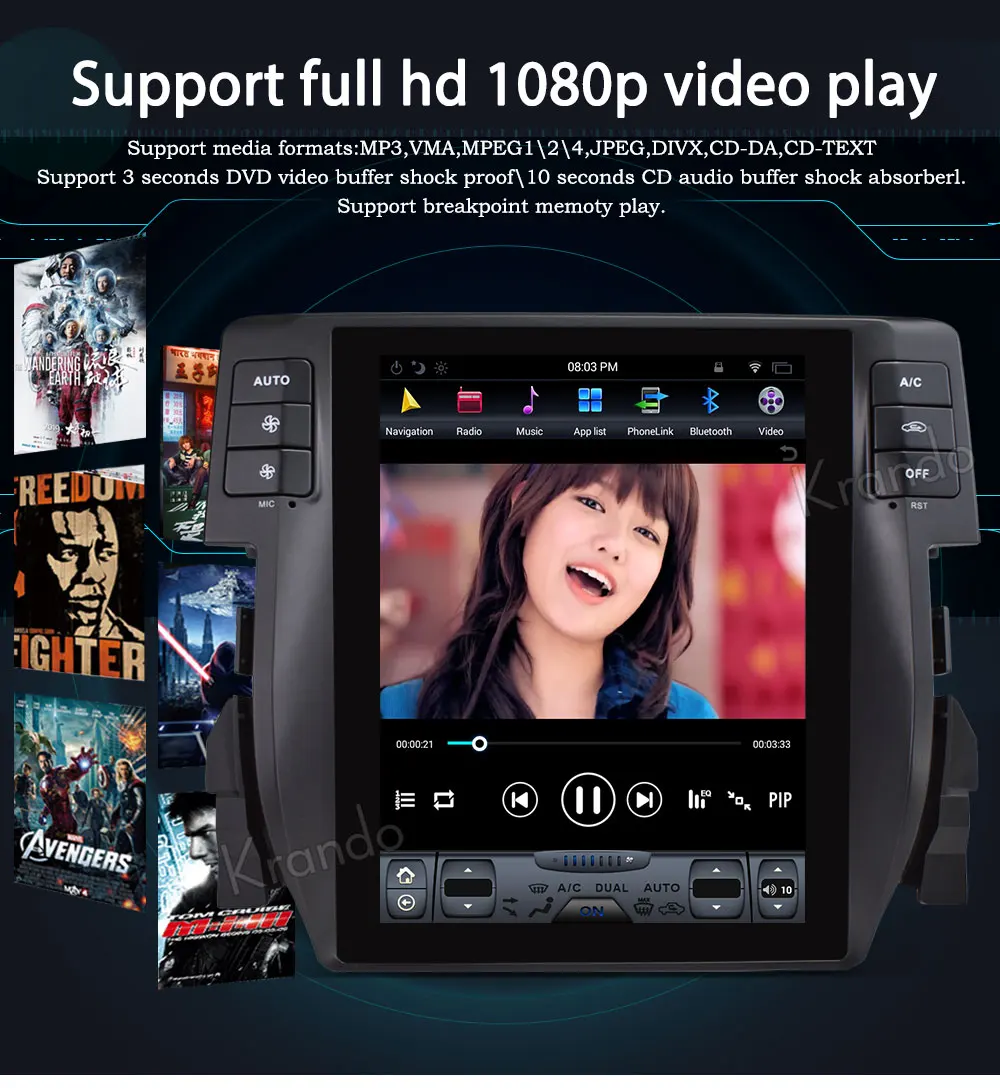 Best Krando Android 8.1 10.4" Tesla style Vertical screen car radio GPS navigation dvd for Honda Civic 2016-2018 multimedia system 8