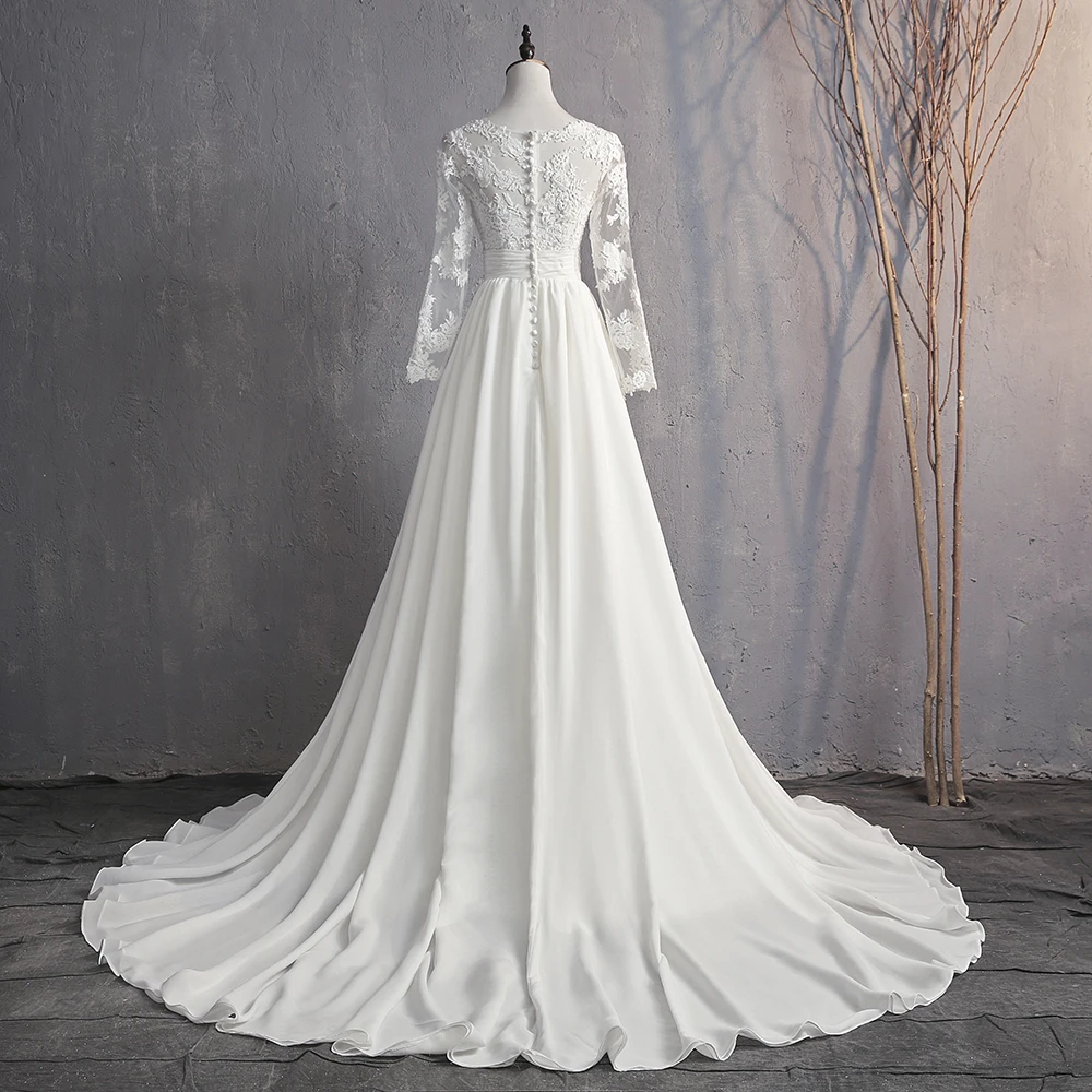 Fansmile Новое иллюзионное белое пляжное платье с длинным рукавом А-силуэта свадебное платье шифон на заказ Vestido De Noiva FSM-585T