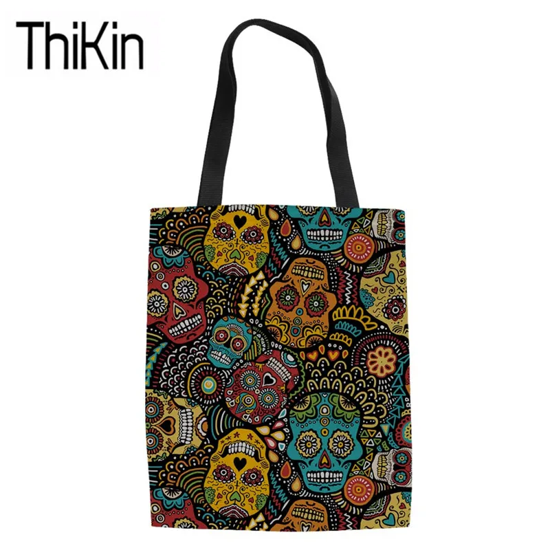 

THIKIN Heavy Duty Shopping Bags Women Sugar Skull Printing Canvas Tote Bag Teen Girls Large Book Bags Females Foldable Eco Bag