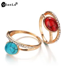QiaoLa Bohemian Vintage Green Stone Rings Love Finger Ring Rose Gold Color Luxury Crystal Rings For Women 2017 Party Accessories