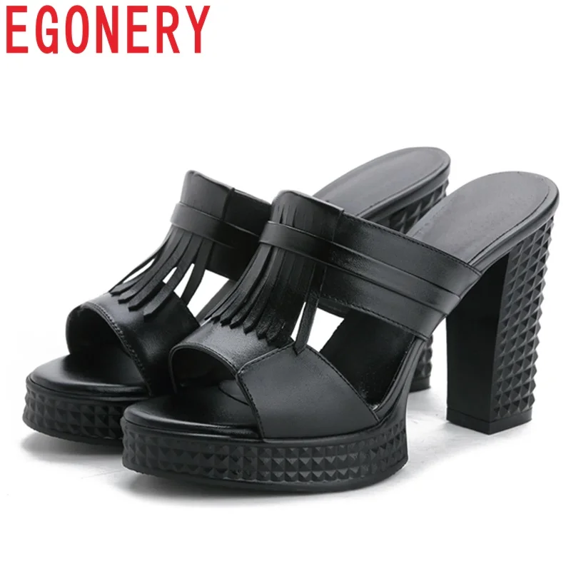 

EGONERY Fringe woman Slippers genuine leather Muller party sexy Women Slides Fashion girl Summer Super High Square heels shoes