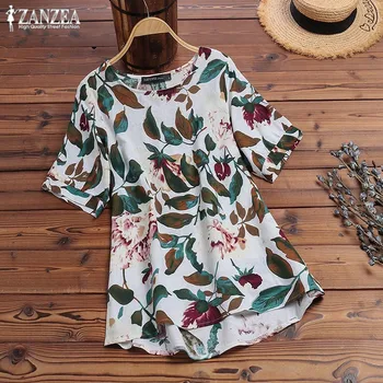 

ZANZEA 2020 Vintage Printed Tops Women's Summer Blouse Bohemian Floral Blusas Female O Neck Asymmetrical Tunic Plus Size Shirts