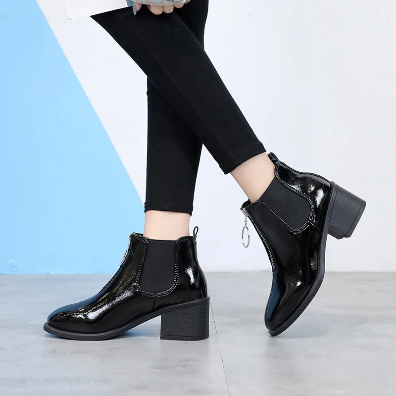 

Lucyever Brand Pu Leather Spring Autumn Female Boots Fashion Round Toe High Heels Chelsea Boots for Women Motorcycle Boots