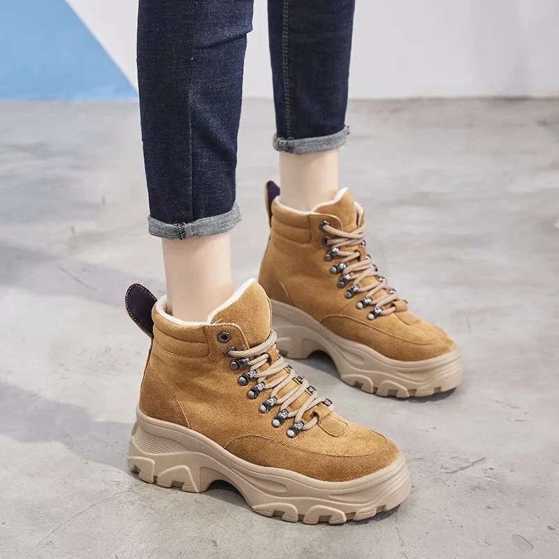 

Dumoo Winter Casual Shoes Women Warm Short Plush Genuine Leather Shoes Heel 6cm Trainers Platform Shoes zapatos de mujer Casual