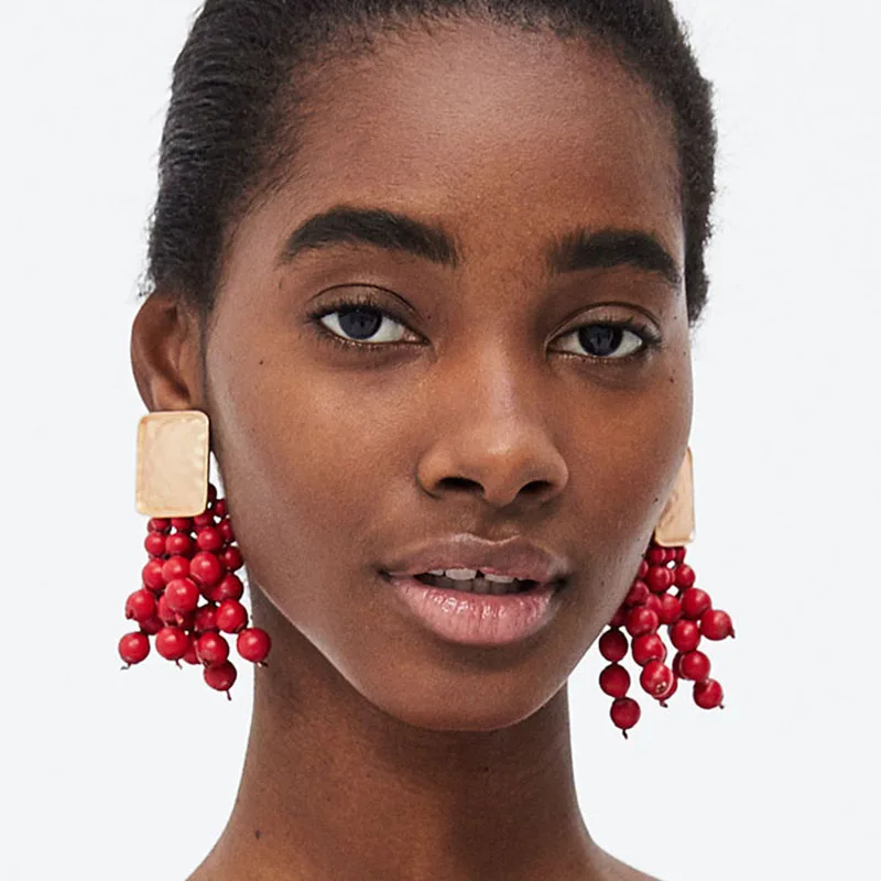 

Girlgo 2018 ZA New Design Fashion Bead Tassel Earrings For Women Bohemian Vintage Square Metal Drop Earrings Wedding Accessories