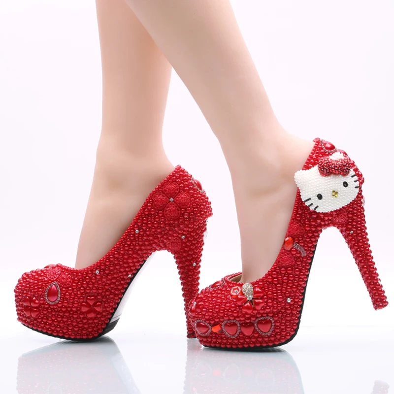 Свадебные туфли с красными жемчужинами; белые женские туфли; туфли-лодочки на каблуке для вечеринки или дня рождения