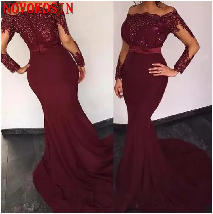 

Sample Burgundy Red Mermaid Evening Dress 2019 Bateau Neck Long Sleeves Sequins Appliques Satin Prom Dresses Party Evening Gown