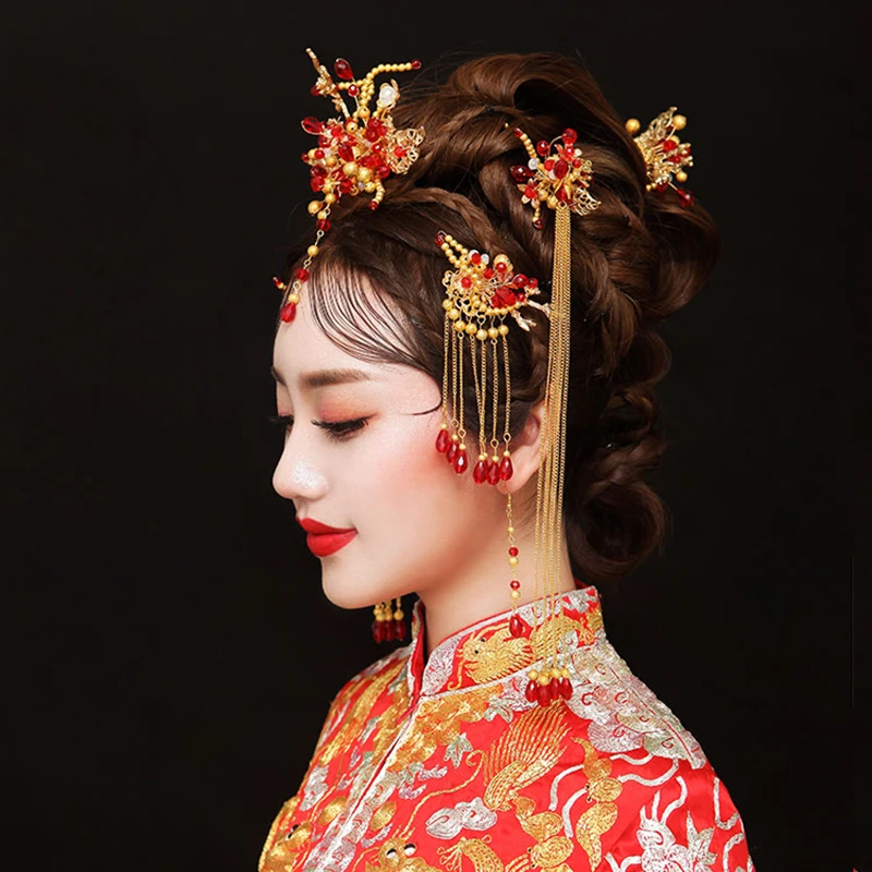 HIMSTORY, золотой цвет, китайский стиль, винтажные Свадебные украшения для волос, аксессуары, красные жемчужные бусины, расческа для волос, палочка для волос, аксессуары