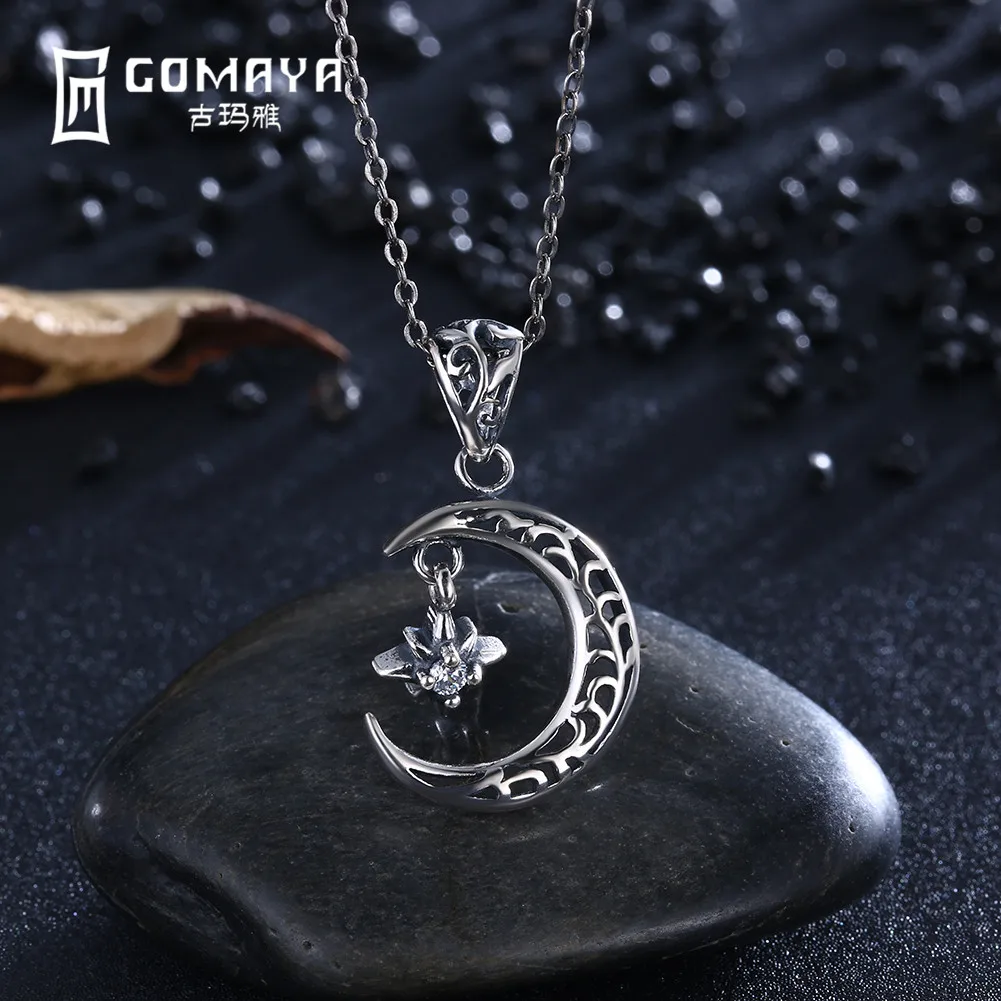 

GOMAYA Vintage Retro Genuine 925 Sterling Silver Hollow Moon with Star Pendant Necklace Antique Fine Jewelry Gift for Women Punk