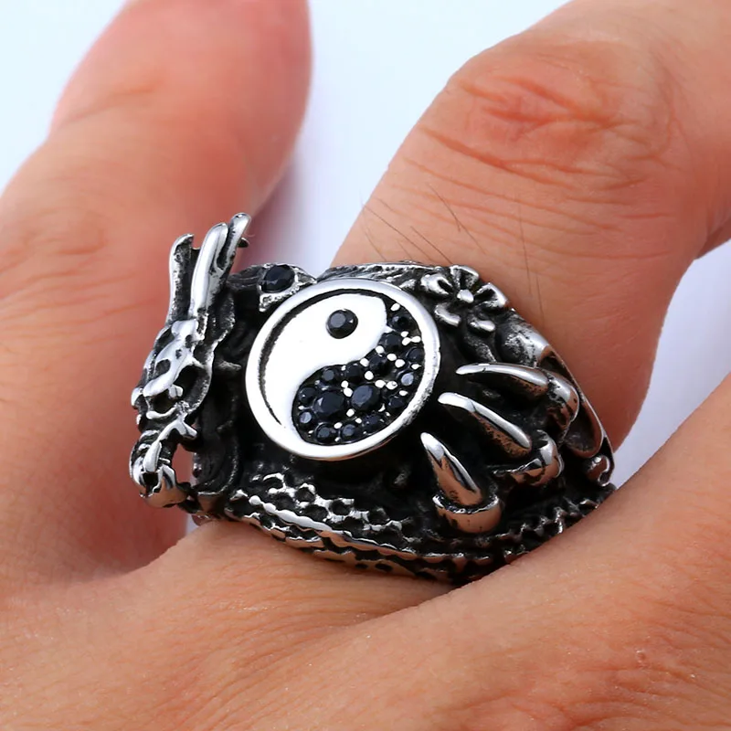 BEIER Personality Stainless Steel CZ Gothic Dragon Animal Ring Exggerated Jewelry Taiji Yinyang Bauag US Size BR8-173