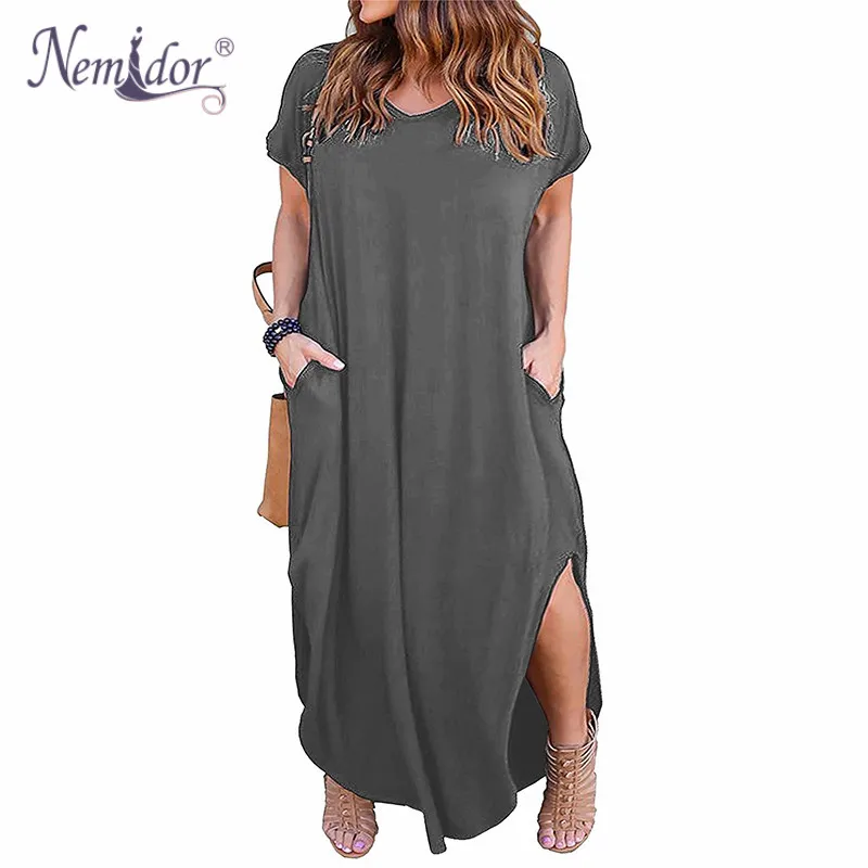 Nemidor женское свободное Повседневное платье с коротким рукавом, v-образным вырезом и передним карманом размера плюс 8XL 9XL вечерние длинные платья макси с разрезом - Цвет: Серый