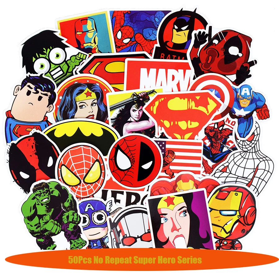 

50pcs Mixed Super Hero Stickers Funny JDM Kids Toy Sticker for DIY Luggage Laptop Skateboard Motorcycle Phone Waterproof Sticker