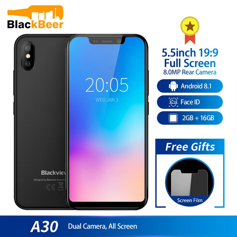 Blackview A 30 A30 5,5 дюймовый мобильный телефон четырехъядерный MTK6580A смартфон 2 ГБ 16 ГБ Android 8,1 с двумя sim-картами 3G мобильный телефон с функцией распознавания лица 2500mA