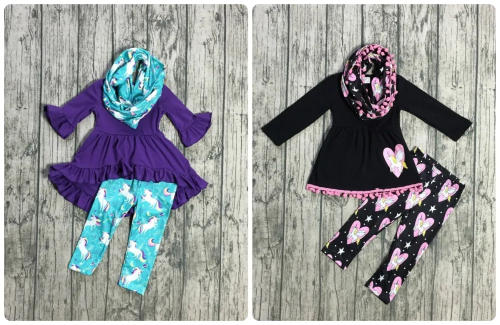 

spring/winter 3 pieces scarf baby girls children outfits unicorn print pant pom pom purple blue black top dress boutique clothes