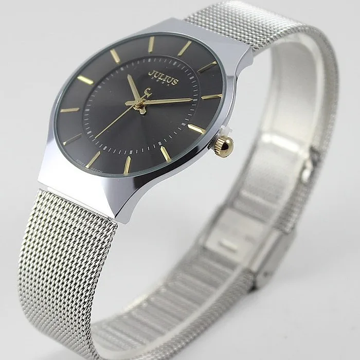Топ Бренд Julius для женщин часы ультра тонкий нержавеющая сталь Чистая Ремень пары